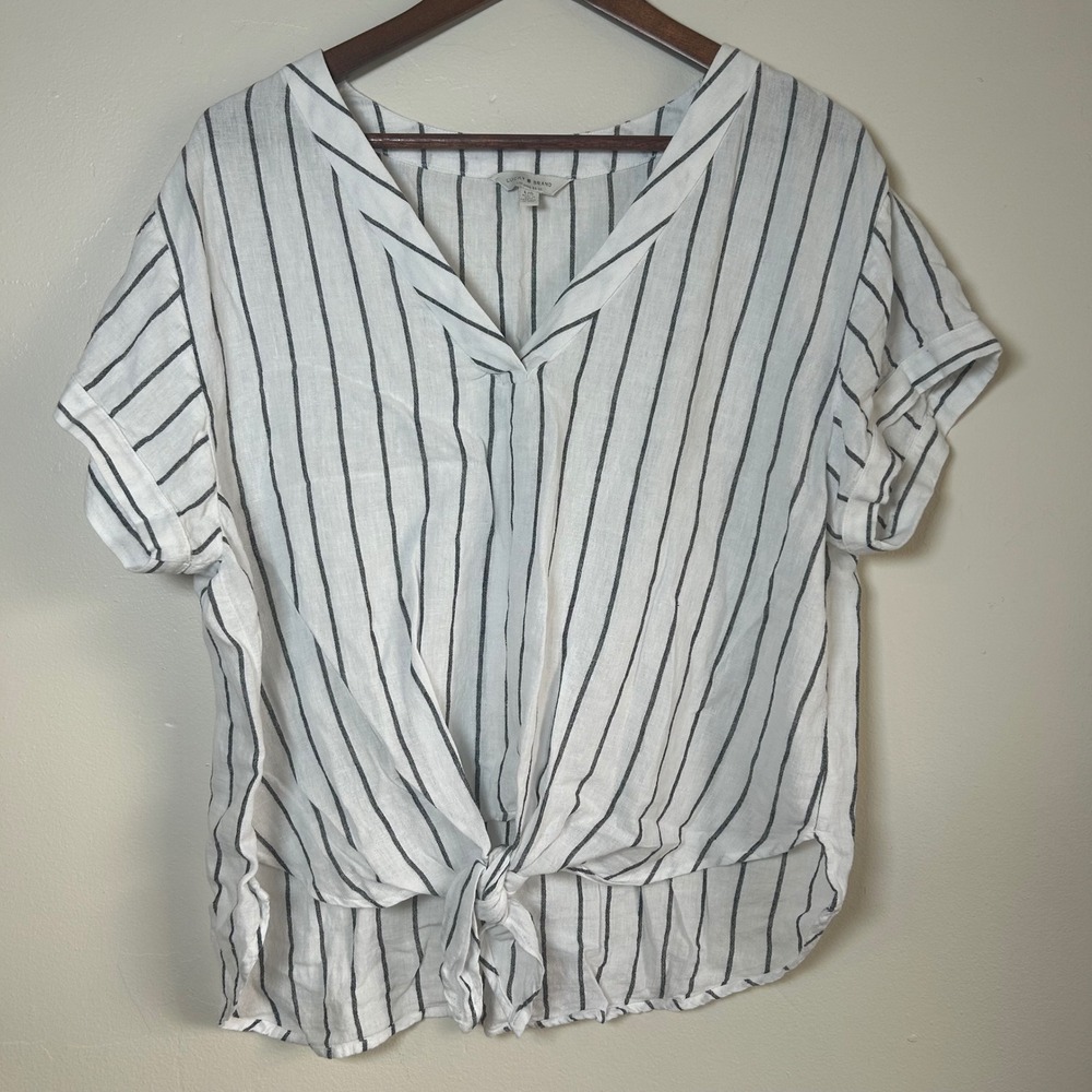 Lucky Brand Striped Top Women Large White‎ Black Linen Blend Front Tie V-Neck